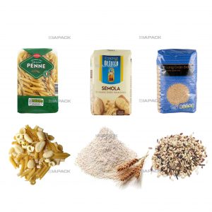 Donlar uchun to'ldiruvchi yorliqli qadoqlashni tashkil etuvchi avtomatik tekis pastki sumka